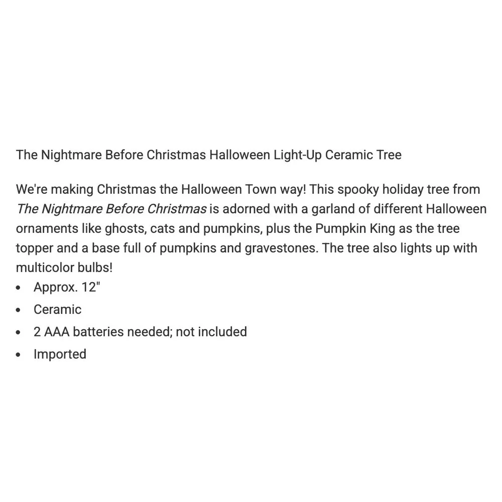 Hot‎ Topic Disney Nightmare Before Christmas Light Up Ceramic Tree Halloween
